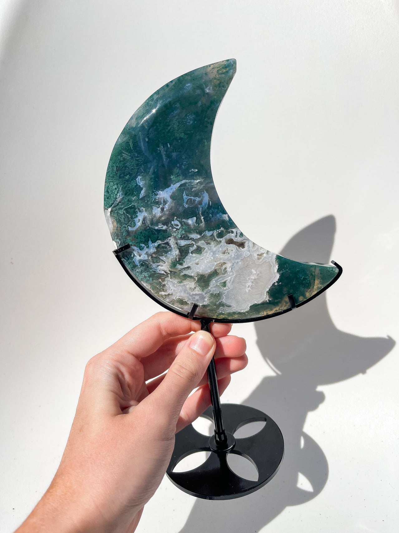 Moss Agate Moon on Stand #1