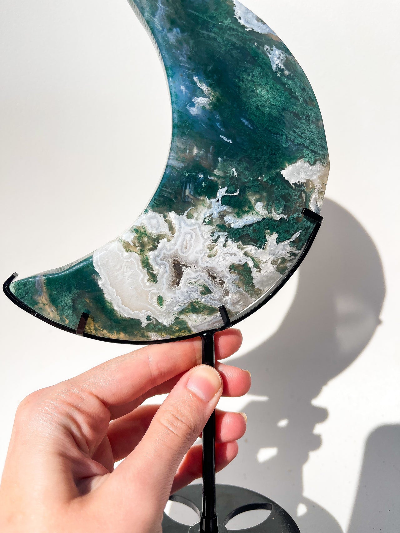 Moss Agate Moon on Stand #1