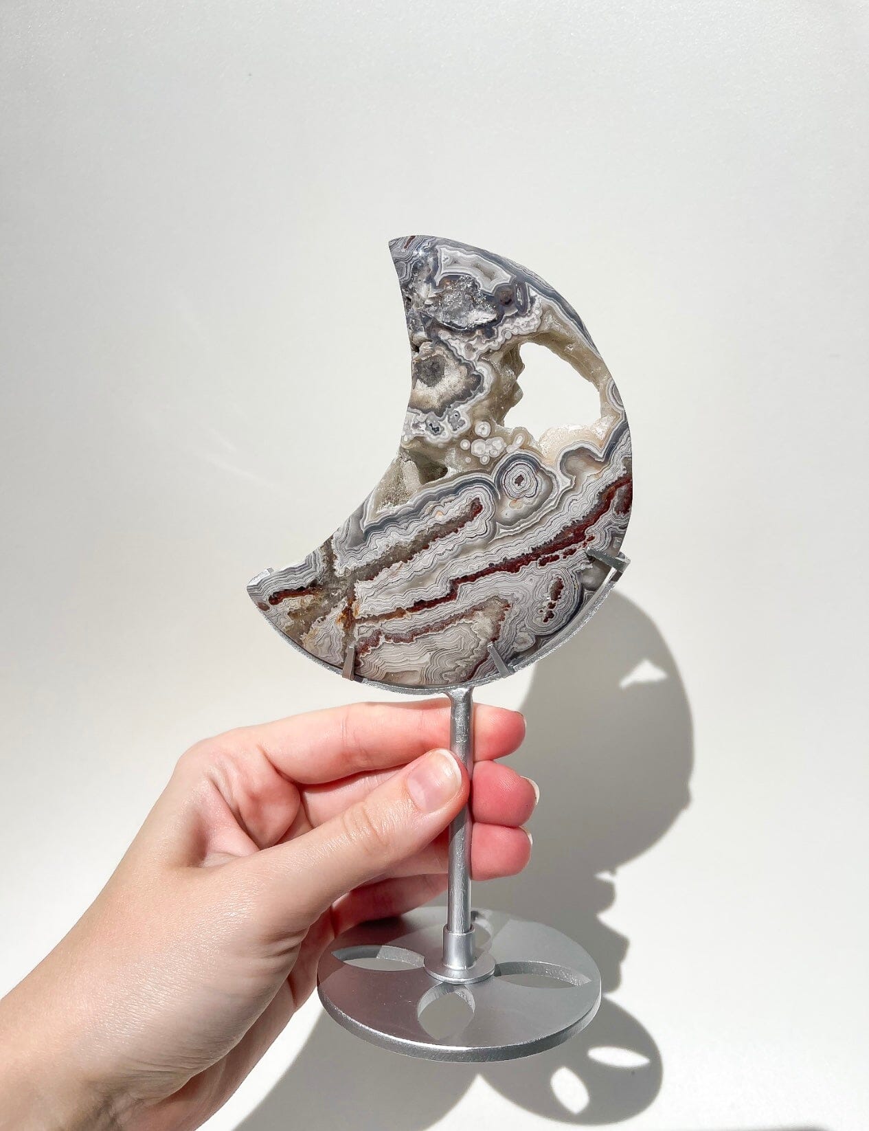 Crazy Lace Agate Moon on Stand #1