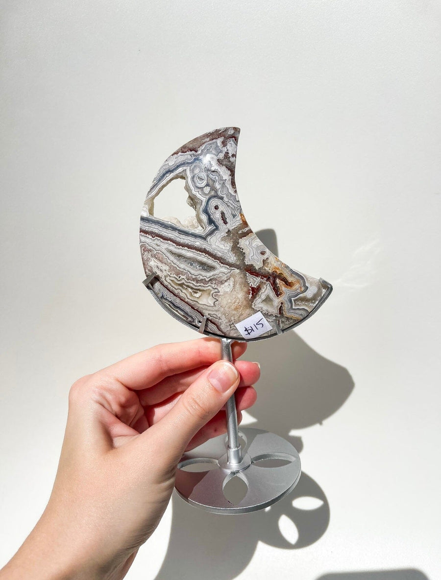 Crazy Lace Agate Moon on Stand #1