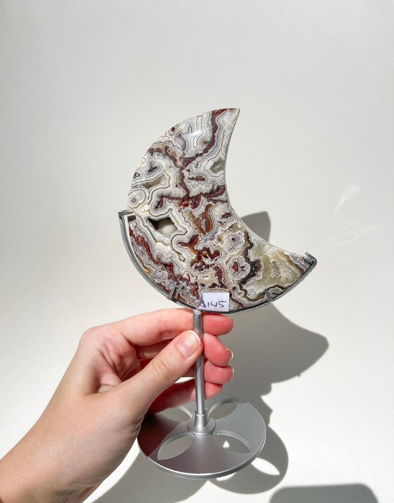 Crazy Lace Agate Moon on Stand #2