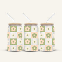 Green & Cream Flower Glass Cup *FROSTED*