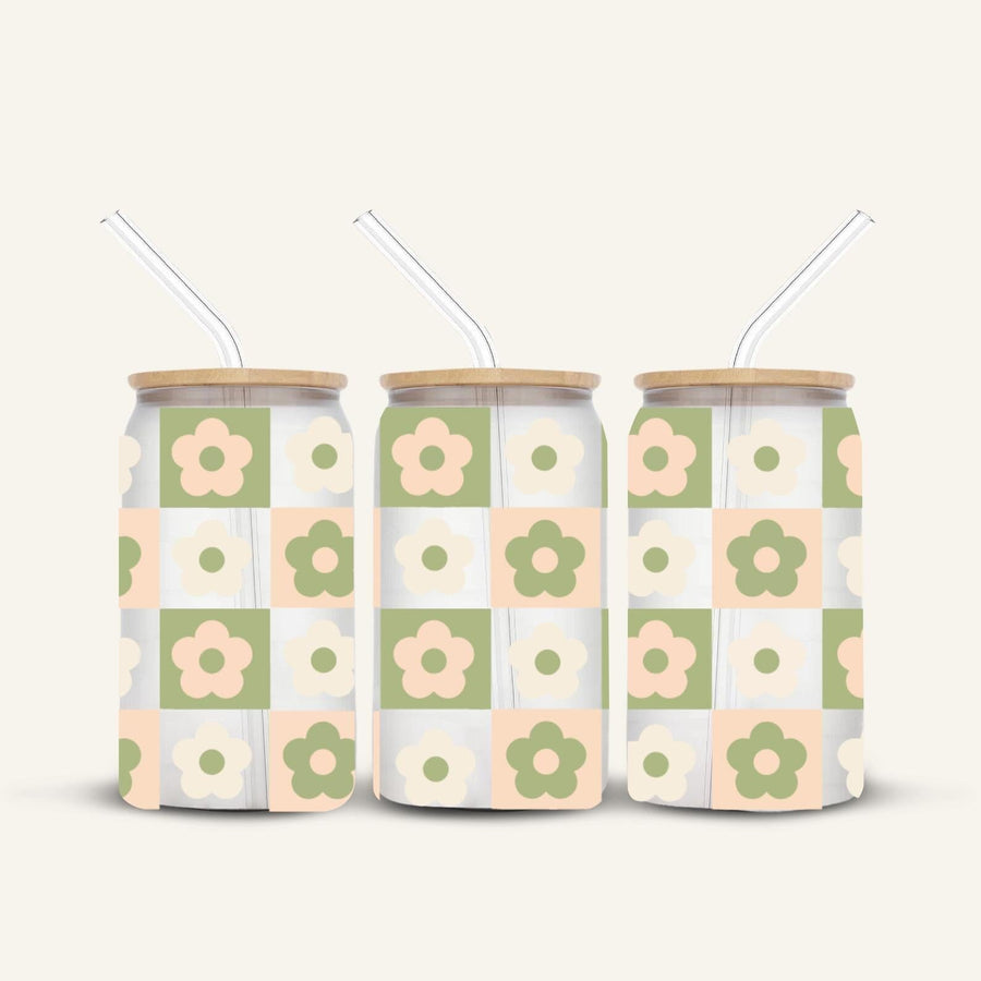 Green & Cream Flower Glass Cup *FROSTED*