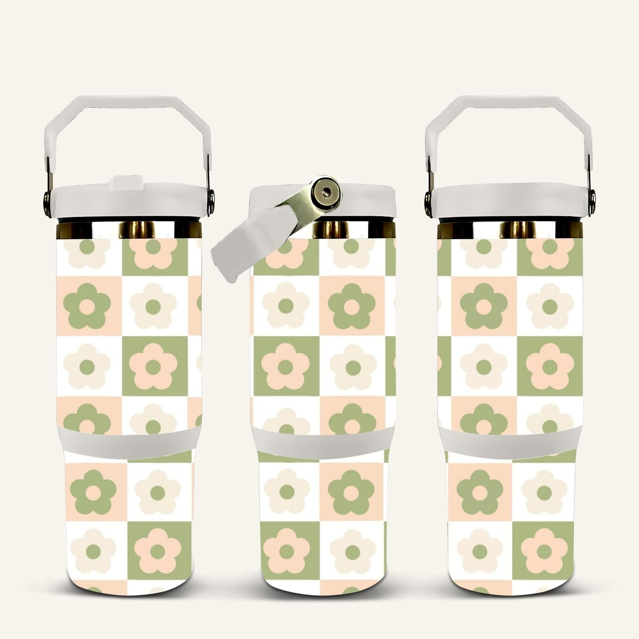 Green & Cream Flower Tumbler with Flip Straw