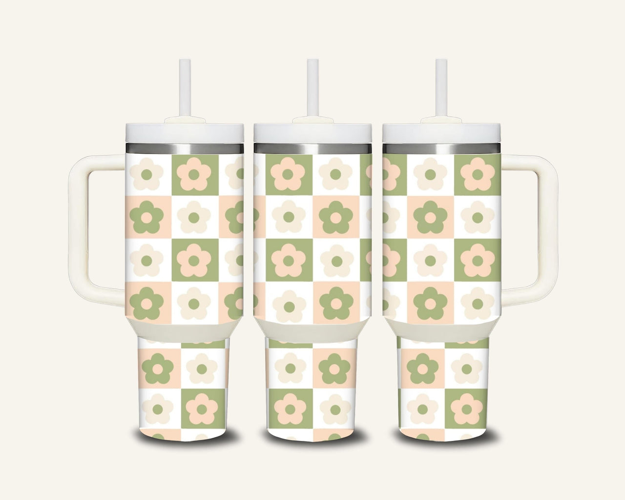 Green & Cream Flower Tumbler with Side Handle