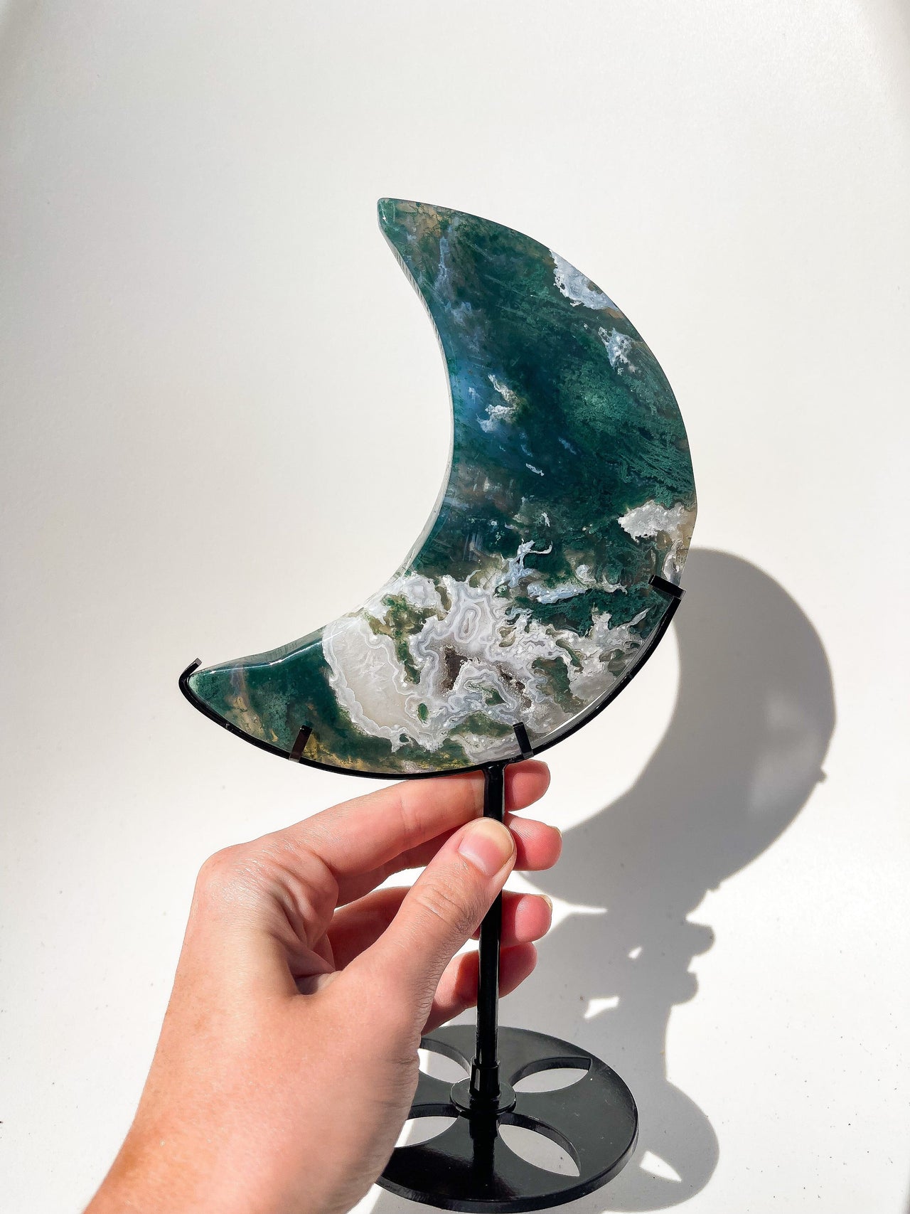 Moss Agate Moon on Stand #1