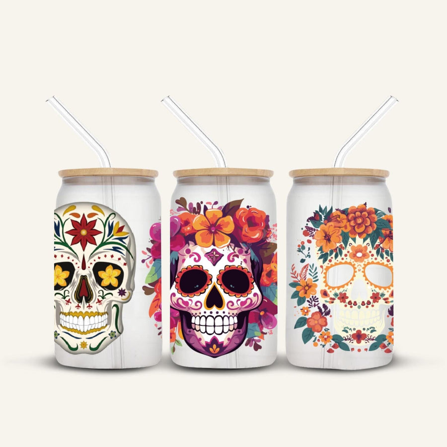 Multicoloured Skulls Glass Cup *FROSTED*