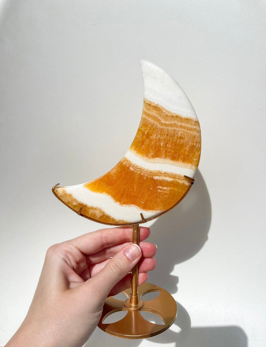 Orange Calcite Moon on Stand #1 (see video)