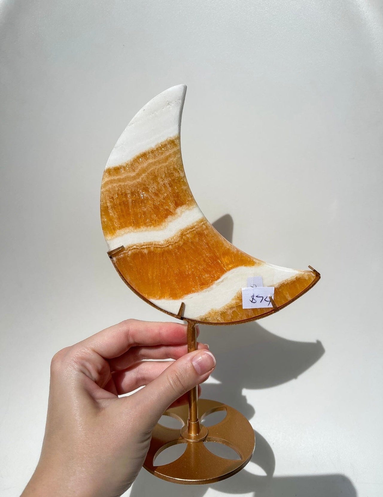 Orange Calcite Moon on Stand #1 (see video)