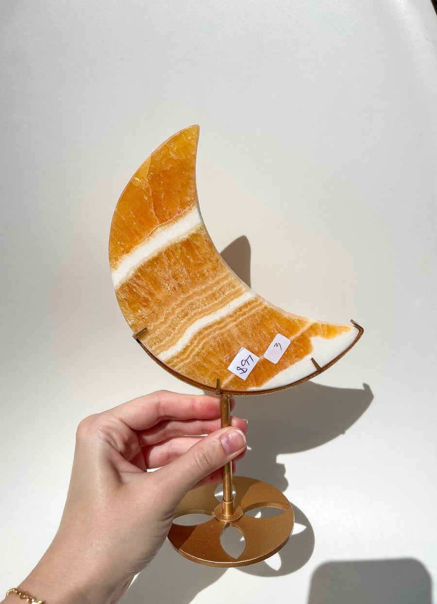 Orange Calcite Moon on Stand #3 (see video)
