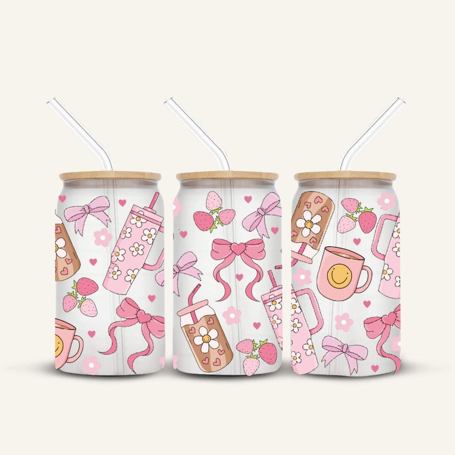 Pink Tumbler & Bows Glass Cup *FROSTED*